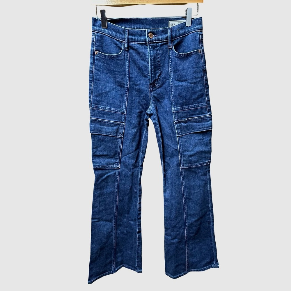 Gap 70s Flare High Rise Cargo Jeans Dark Indigo Blue 27 4P‎ Petite 484998-00